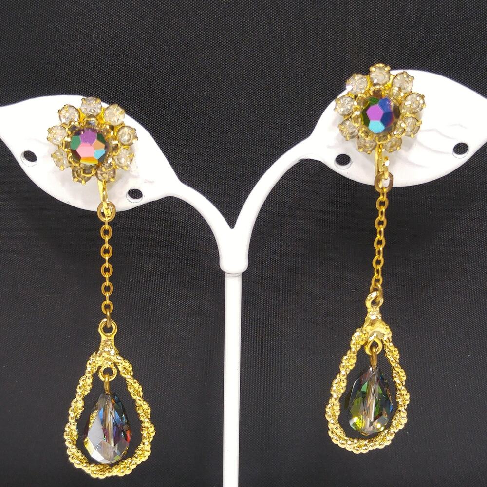 Vintage Czech Peacock Bead Dangle Earrings Floral Rhinestone Gold Tone 1960s